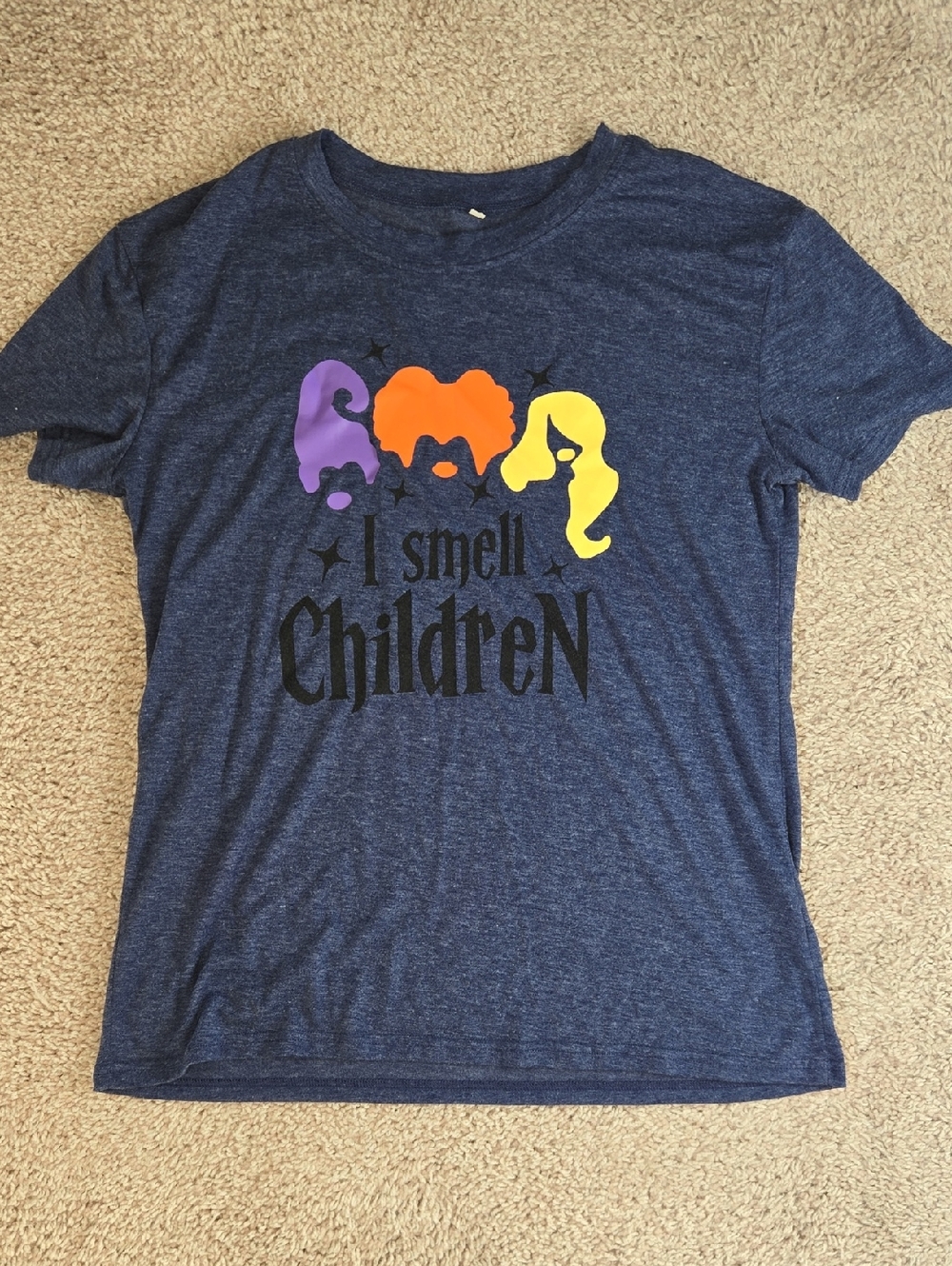 Navy Blue Short Sleeve Graphic Tee with Colorful Silhouettes Halloween Witch S
